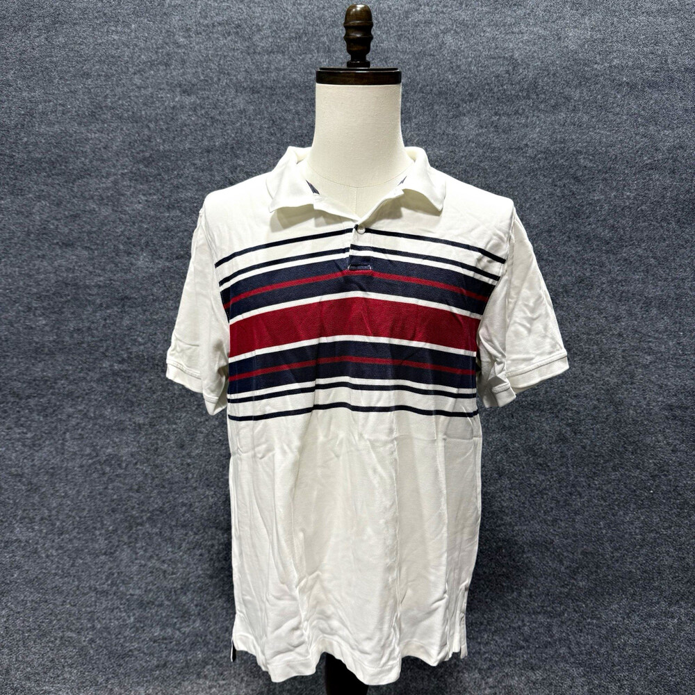 L.L.Bean Mens Large Polo Shirt White Navy Red Striped 100% Cotton Short Sleeve